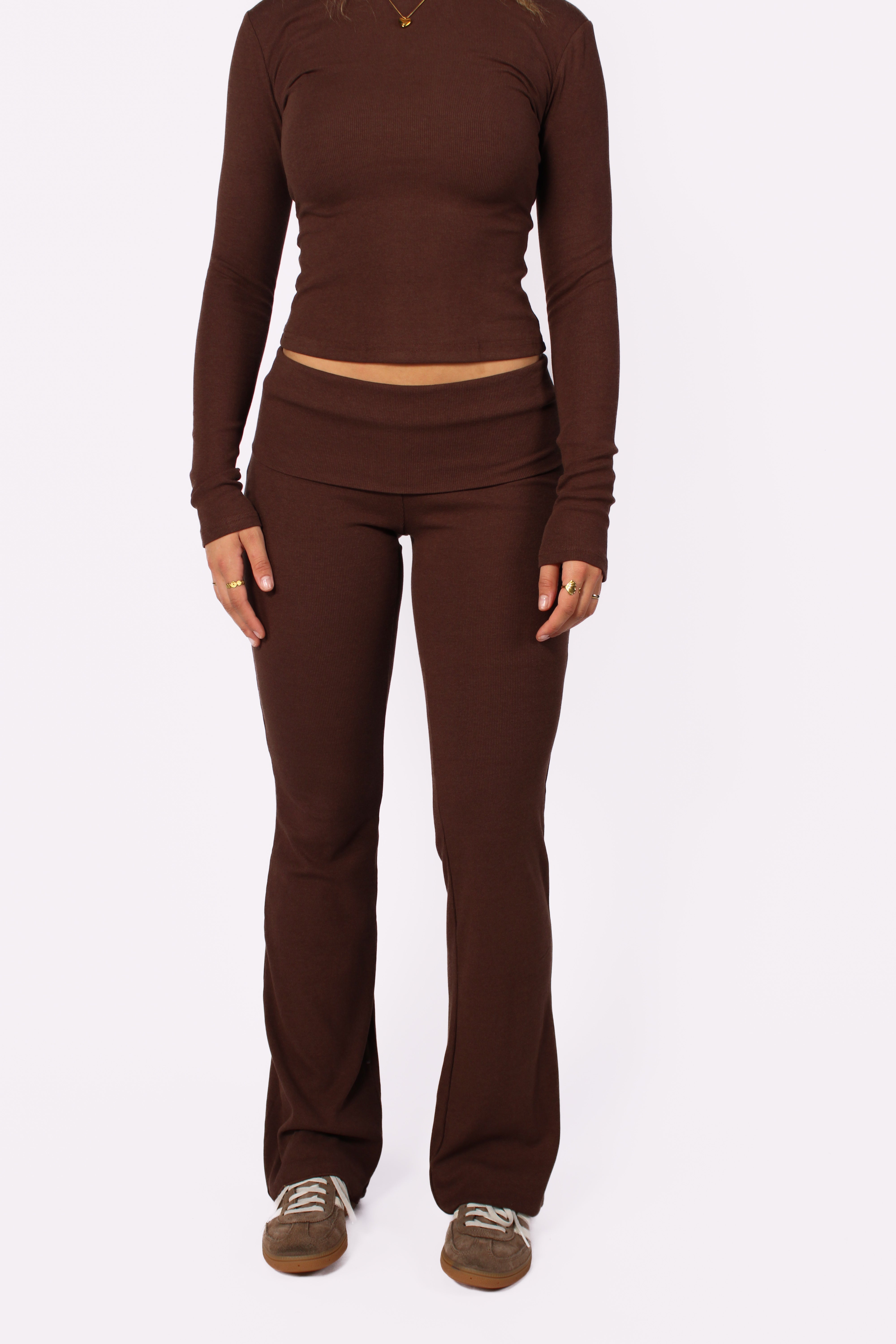 RIBBED FOLD OVER PANTS - BROWN
