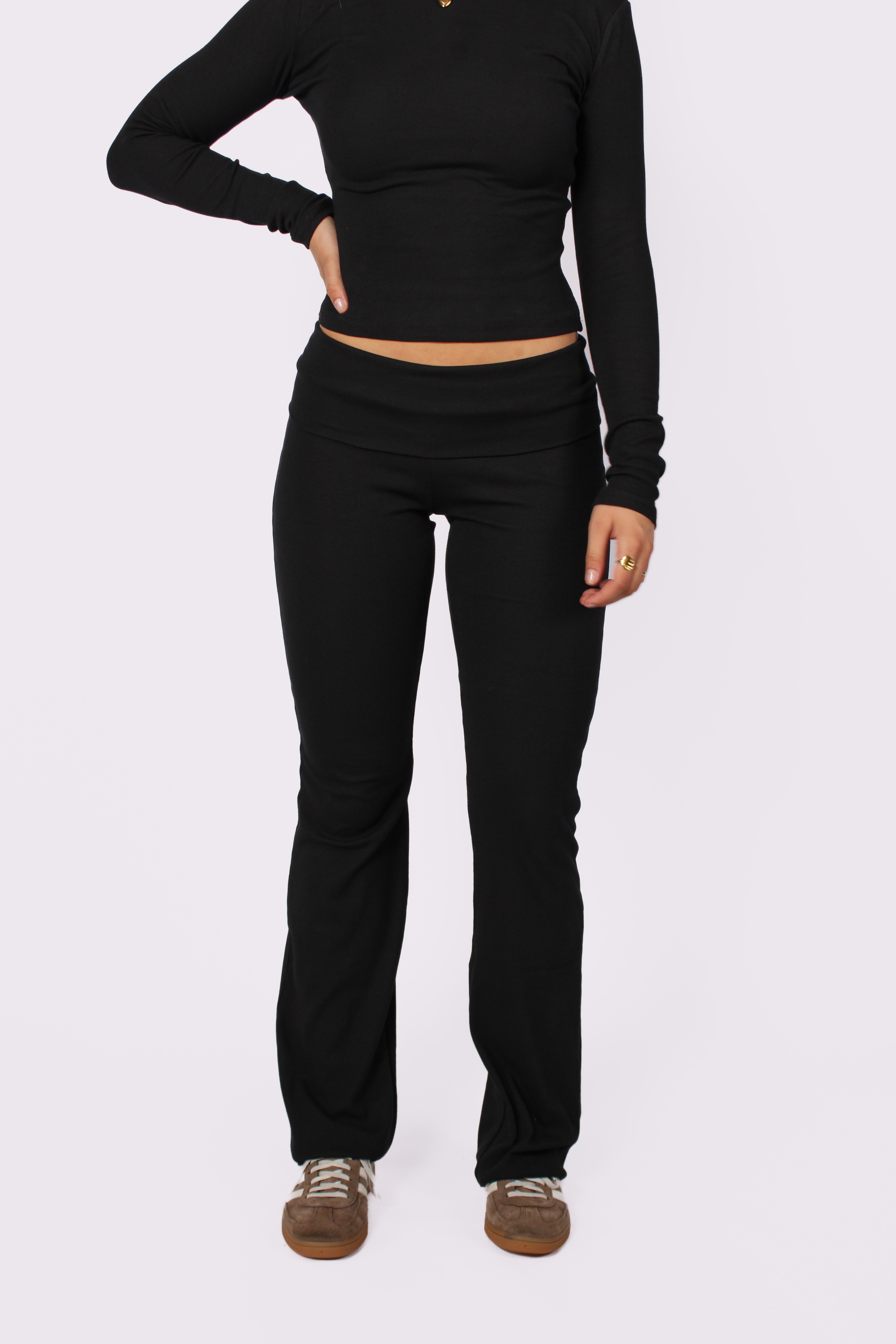 RIBBED FOLD OVER PANTS - BLACK