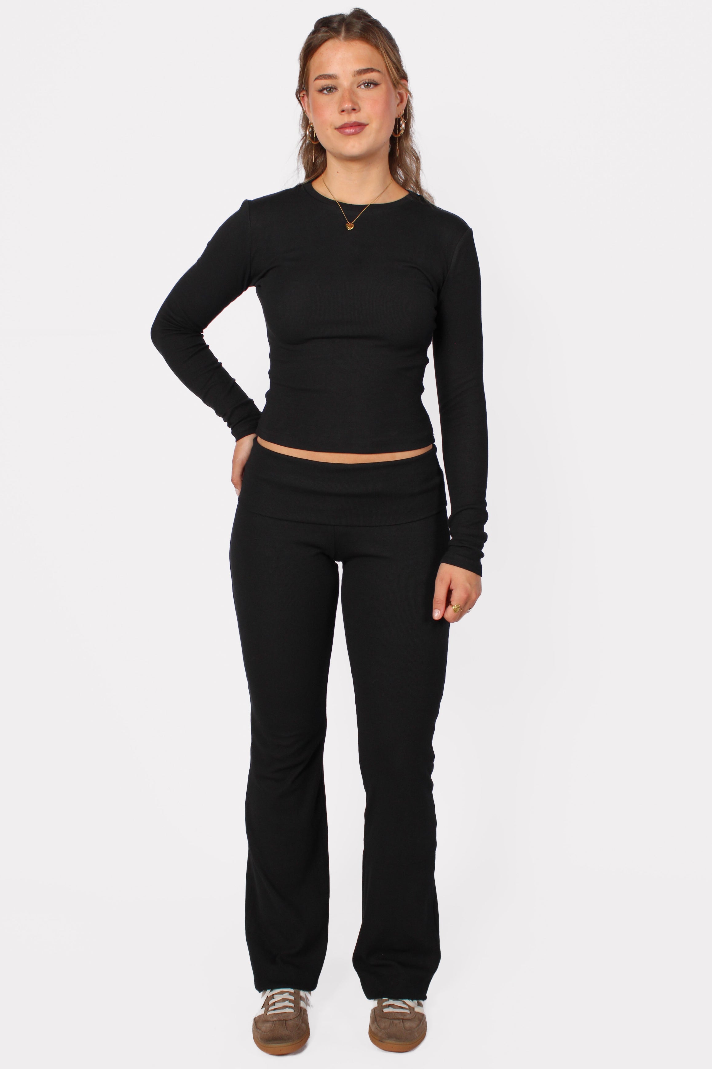 RIBBED FOLD OVER PANTS - BLACK