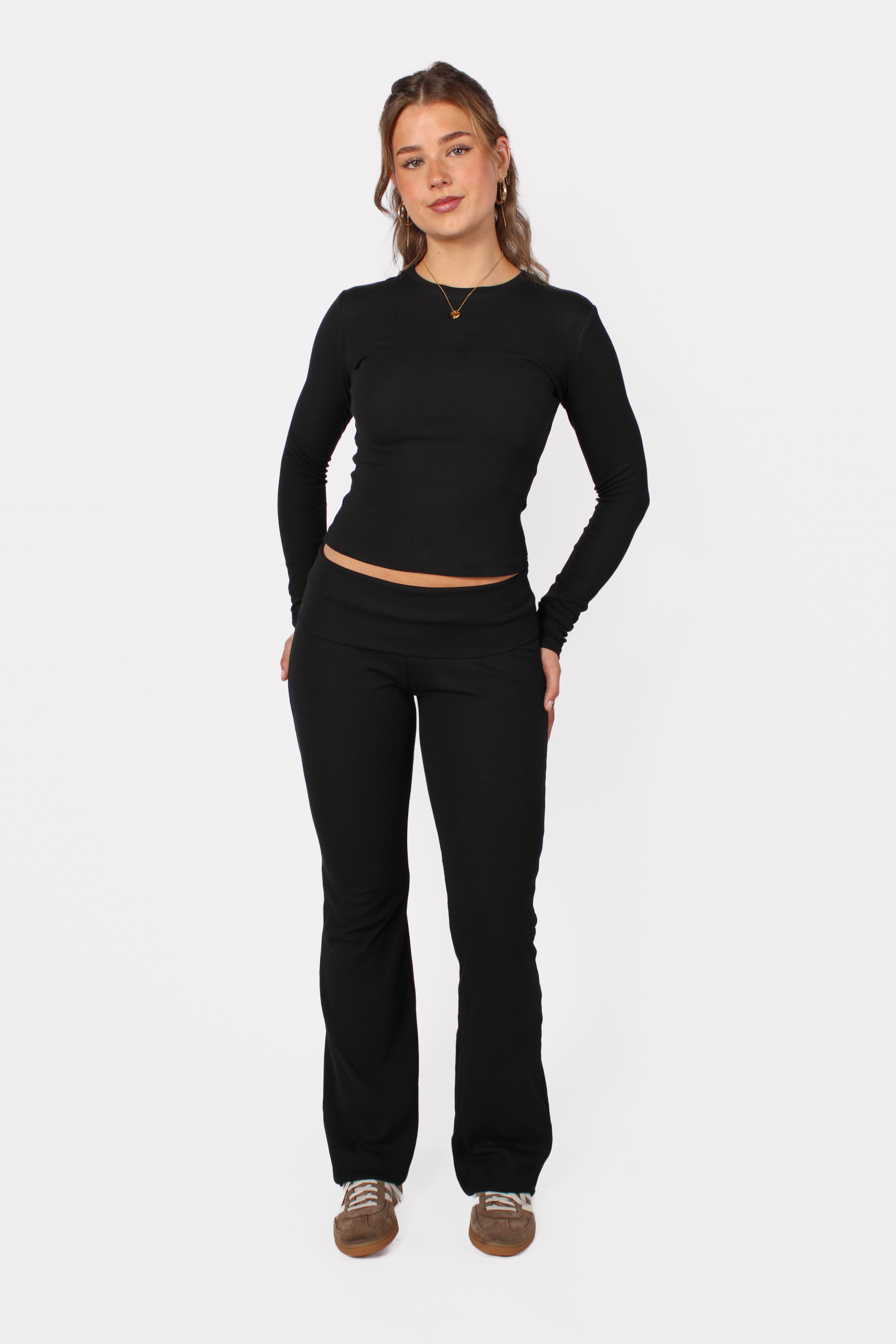 RIBBED FOLD OVER PANTS - BLACK