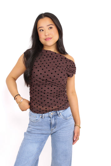 POLKA DOT MESH TOP - MOCHA