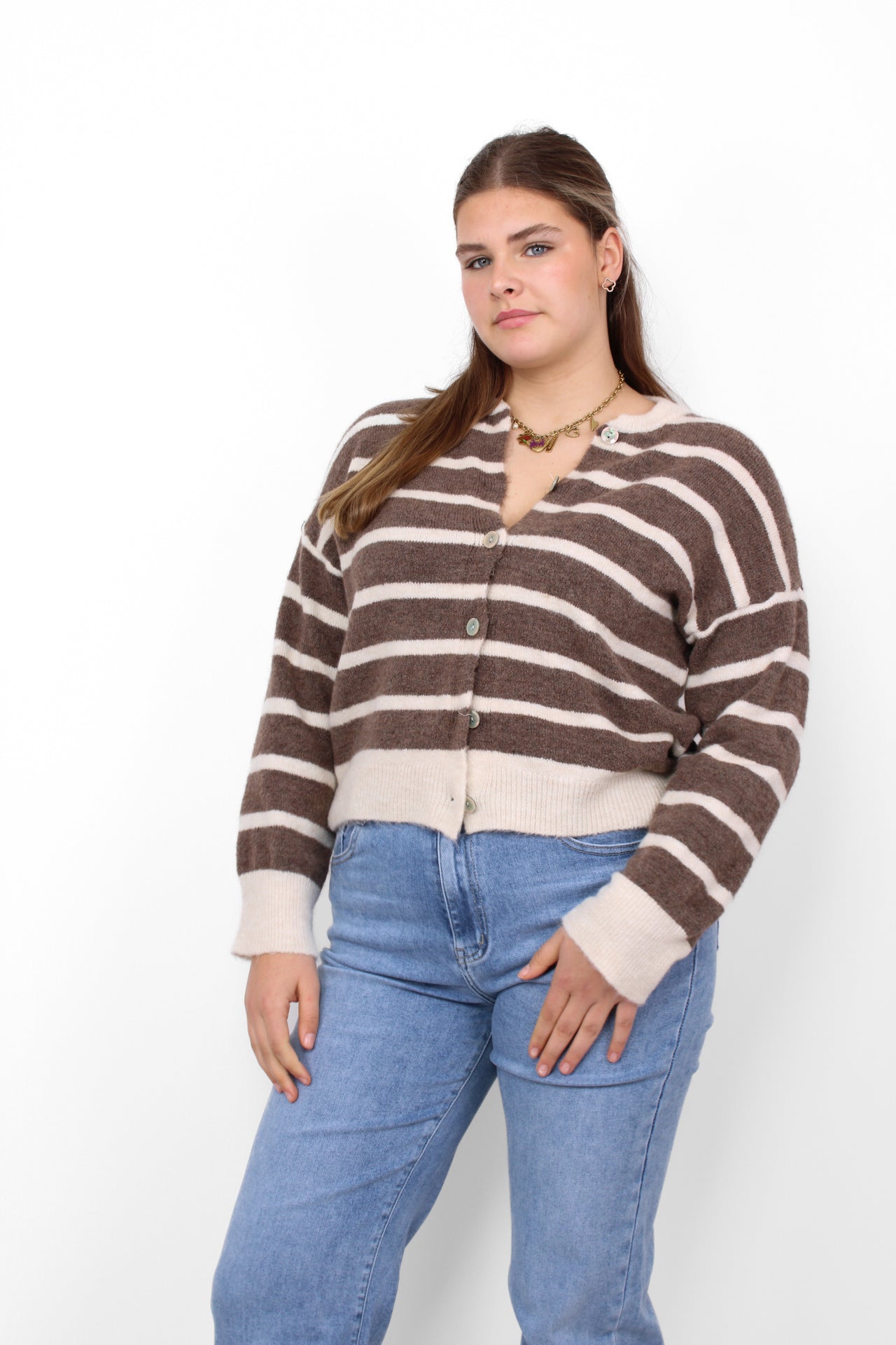 MILLIE STRIPES CARDIGAN - TAUPE