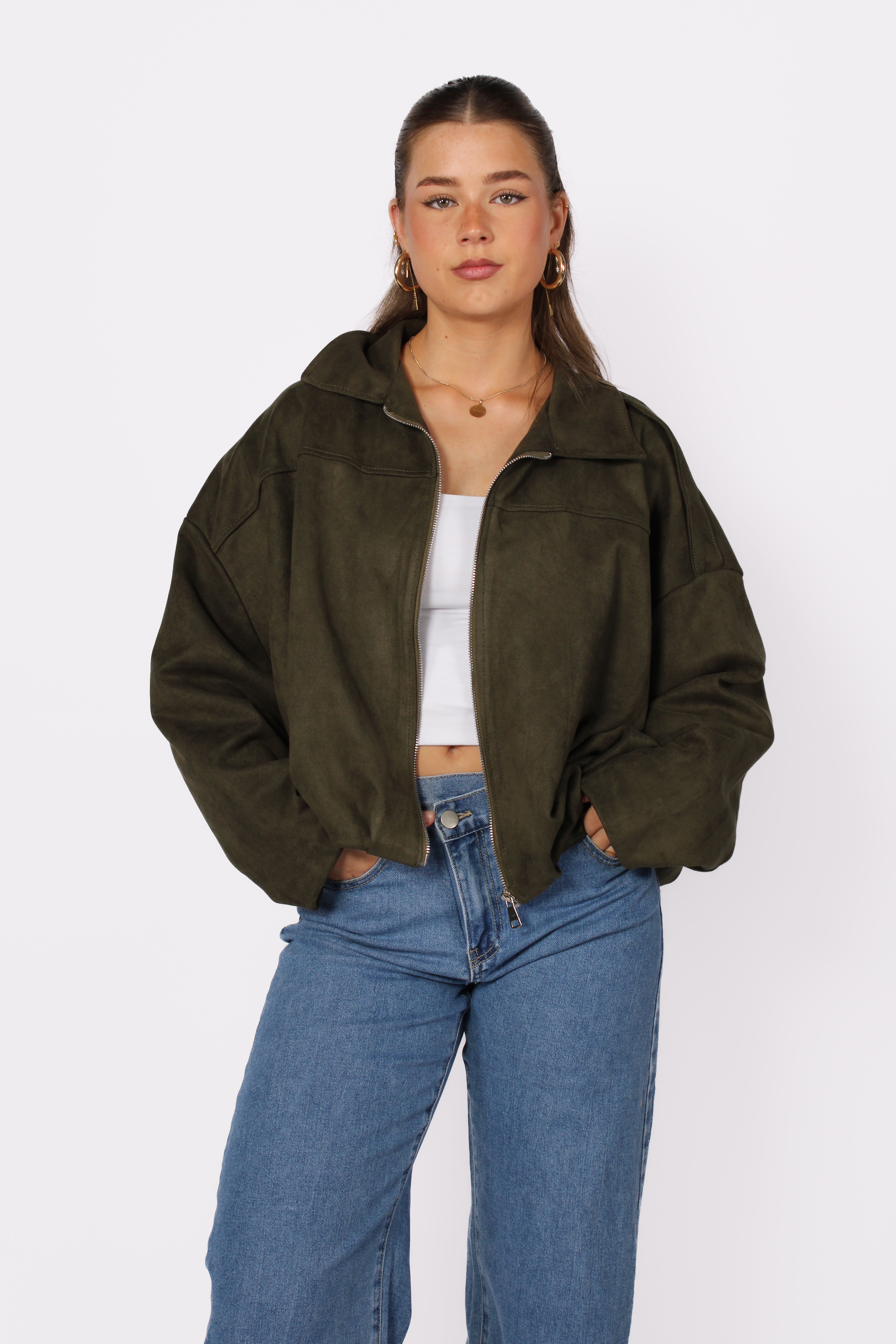 ''STUNTPRIJS'' COMFY SUEDE JACKET - ARMY GREEN