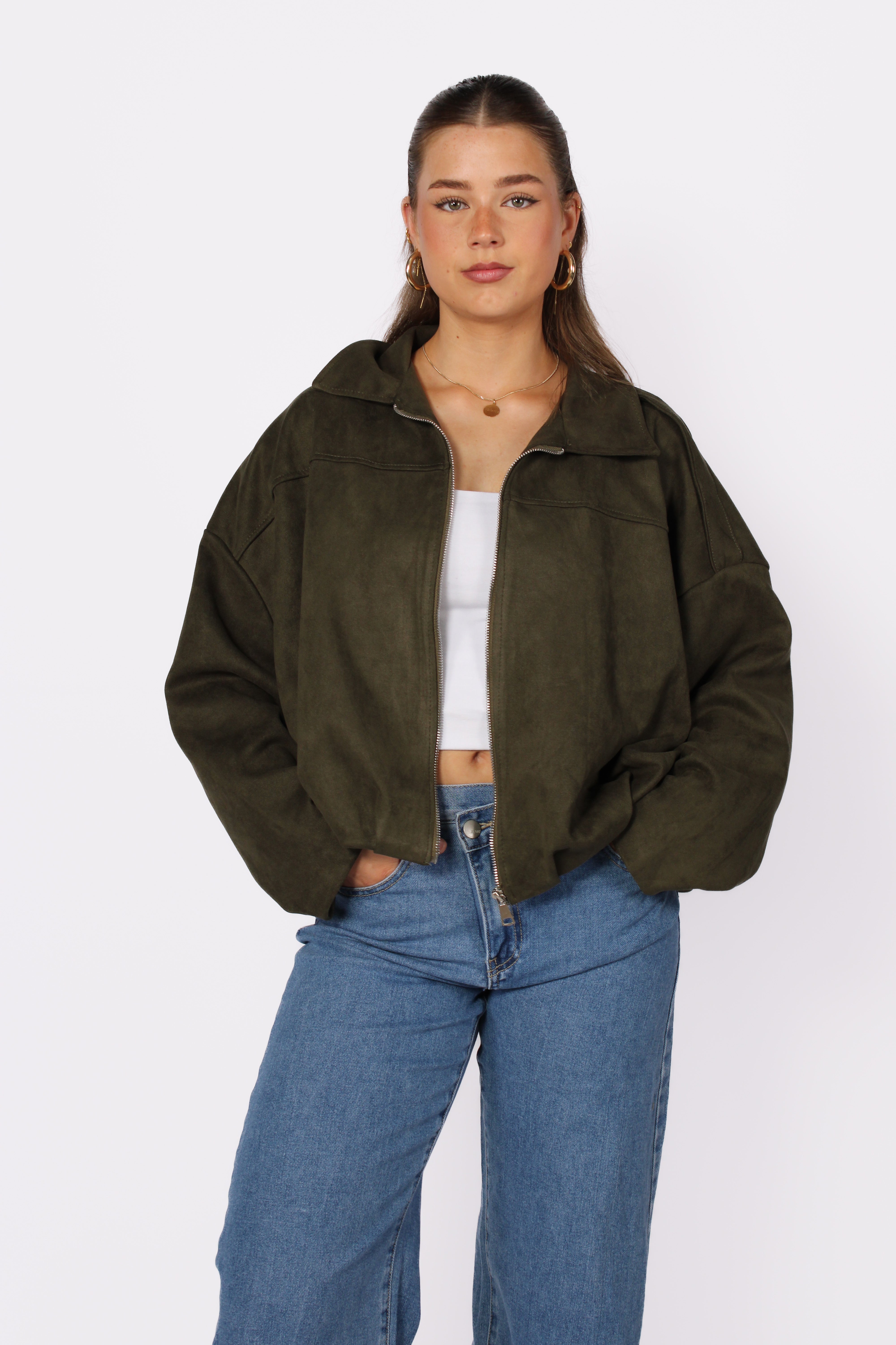 ''STUNTPRIJS'' COMFY SUEDE JACKET - ARMY GREEN