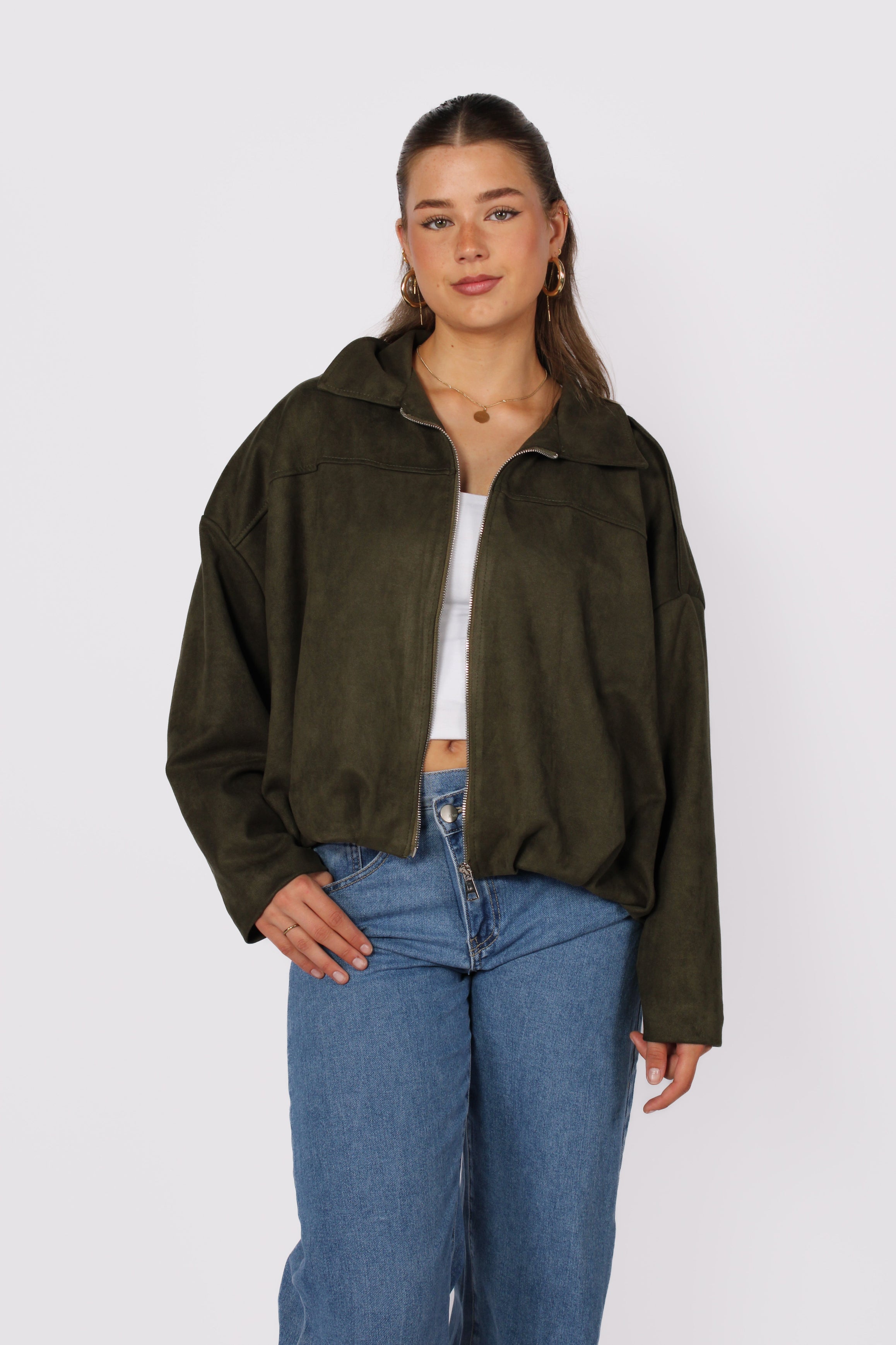 ''STUNTPRIJS'' COMFY SUEDE JACKET - ARMY GREEN