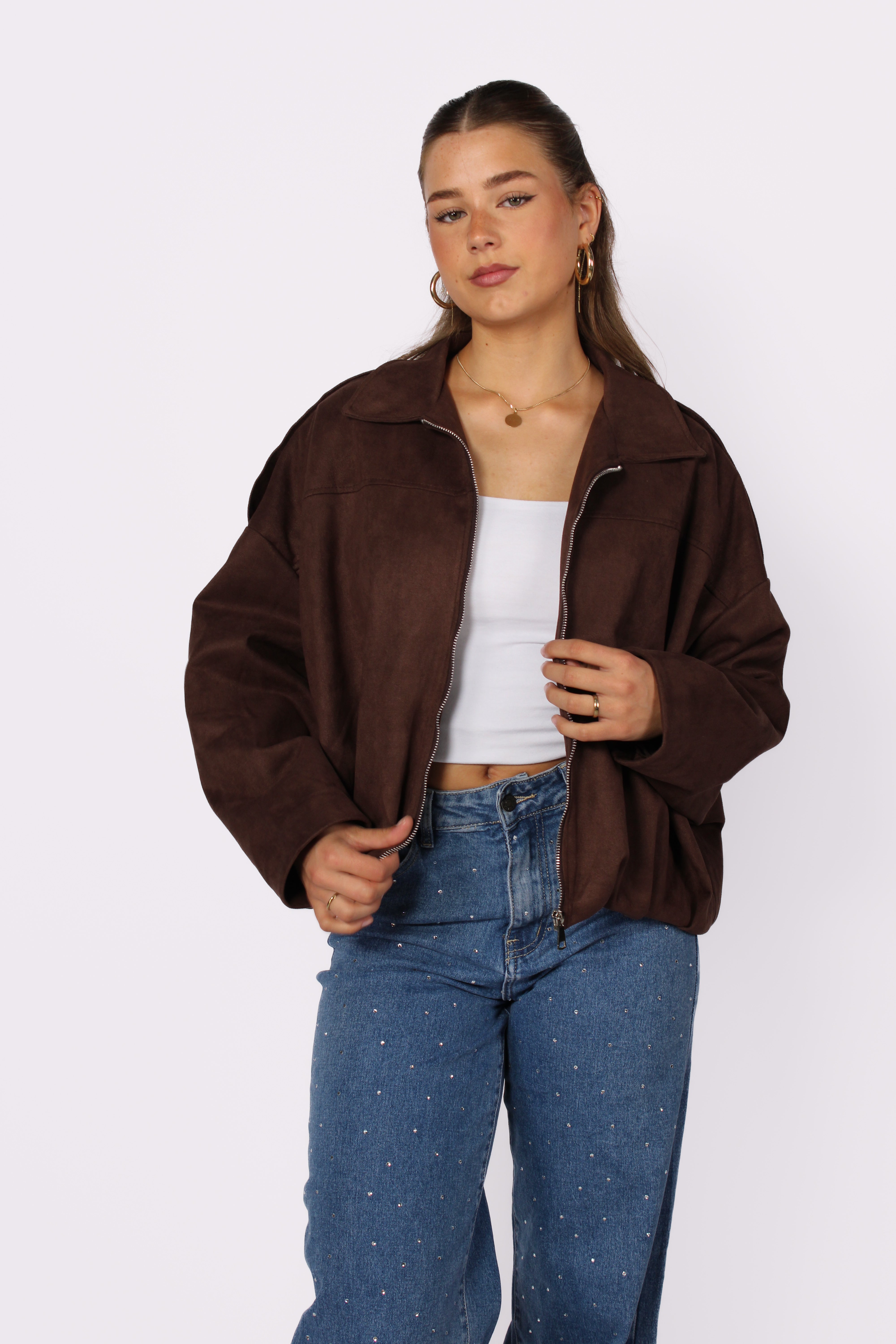 ''STUNTPRIJS'' COMFY SUEDE JACKET - DARK BROWN