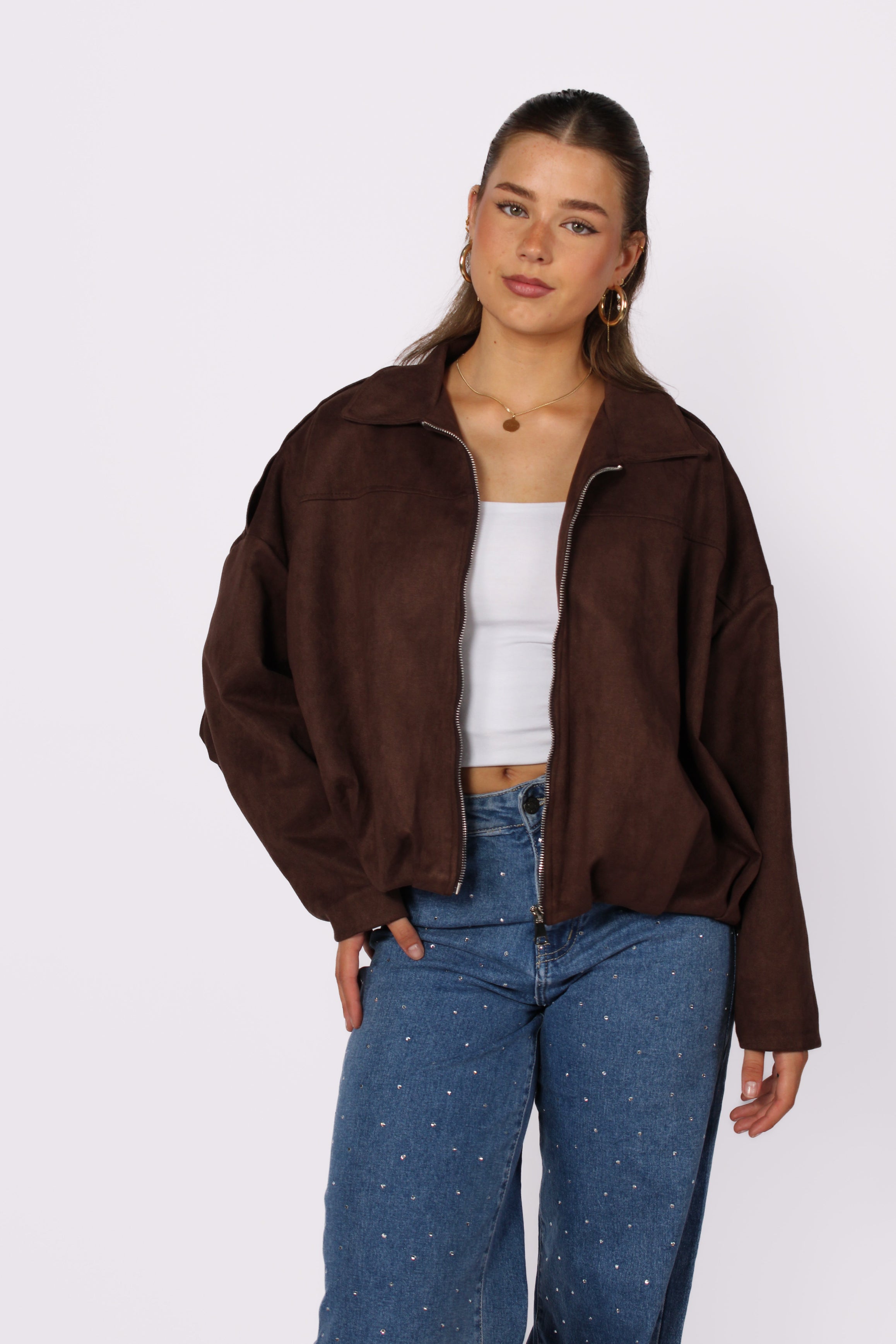 ''STUNTPRIJS'' COMFY SUEDE JACKET - DARK BROWN