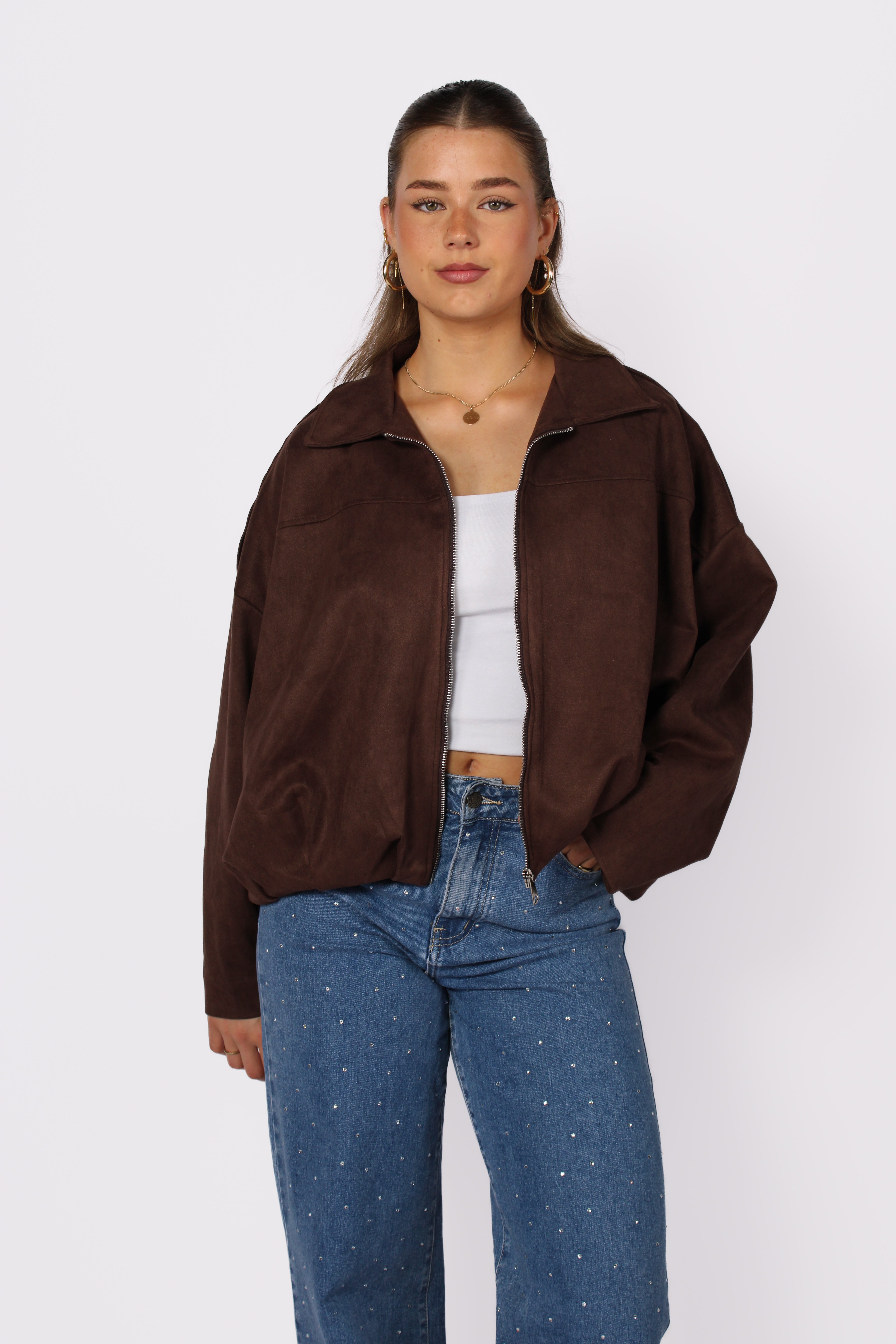 ''STUNTPRIJS'' COMFY SUEDE JACKET - DARK BROWN