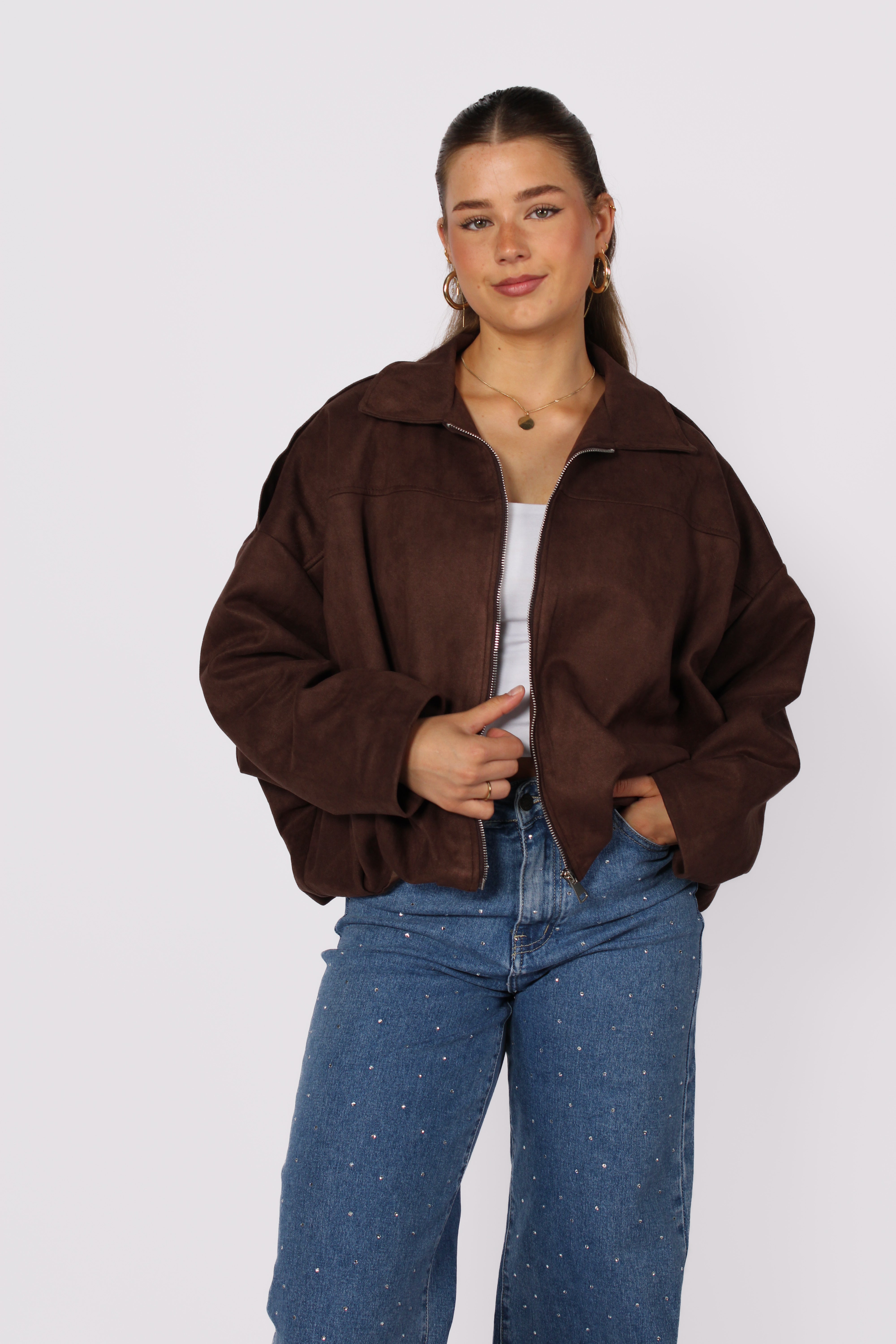 ''STUNTPRIJS'' COMFY SUEDE JACKET - DARK BROWN