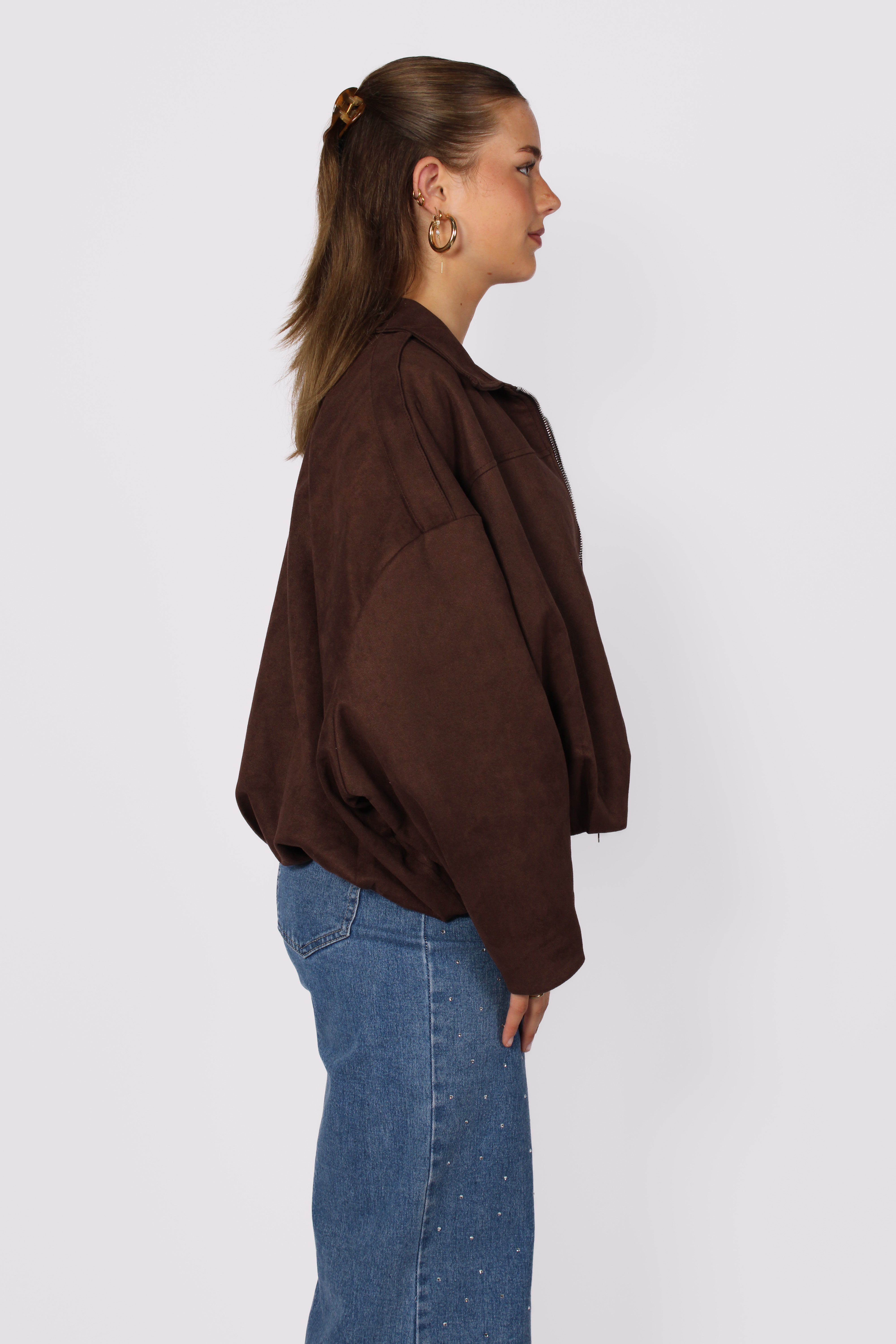 ''STUNTPRIJS'' COMFY SUEDE JACKET - DARK BROWN