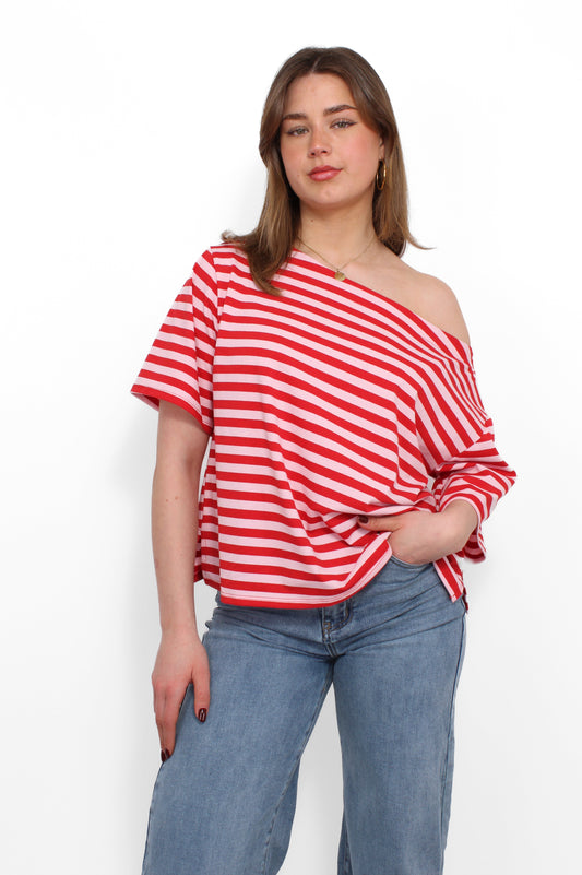 OFF SHOULDER STRIPE TEE - PINK