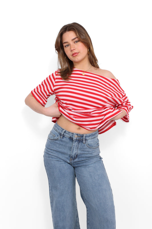 OFF SHOULDER STRIPE TEE - PINK