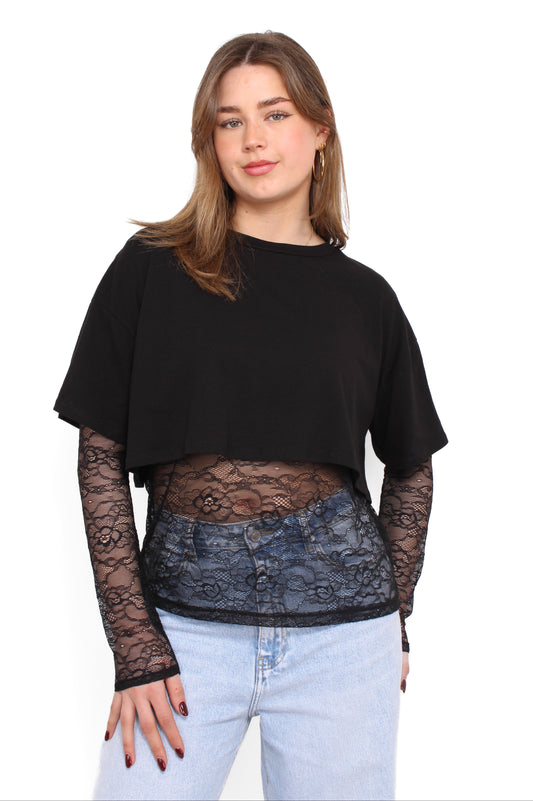 FLIRTY LACE TEE - BLACK