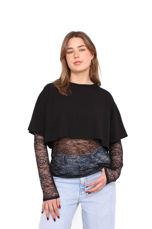 FLIRTY LACE TEE - BLACK