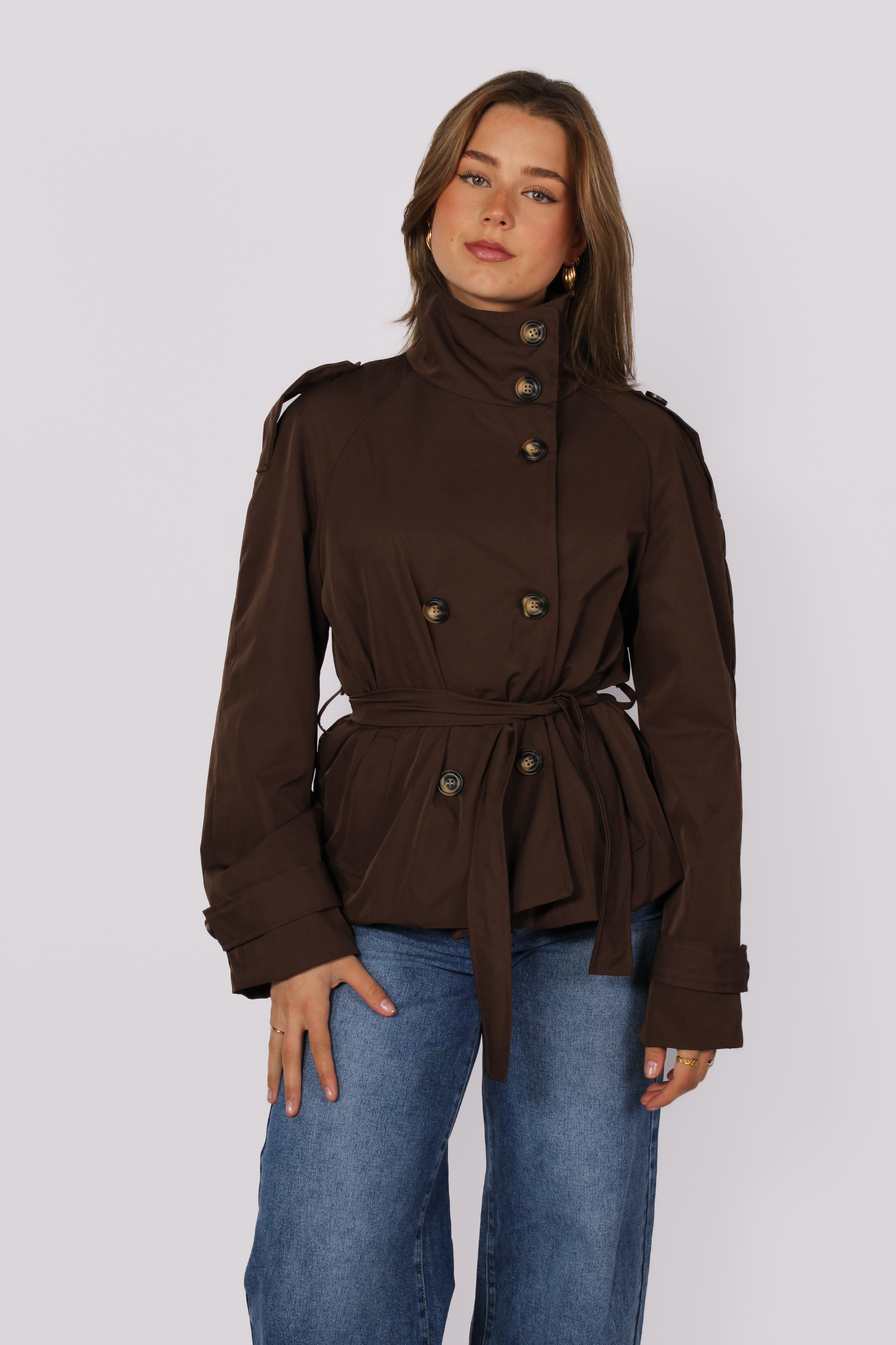 HIGH NECK TRENCHCOAT - DARK BROWN