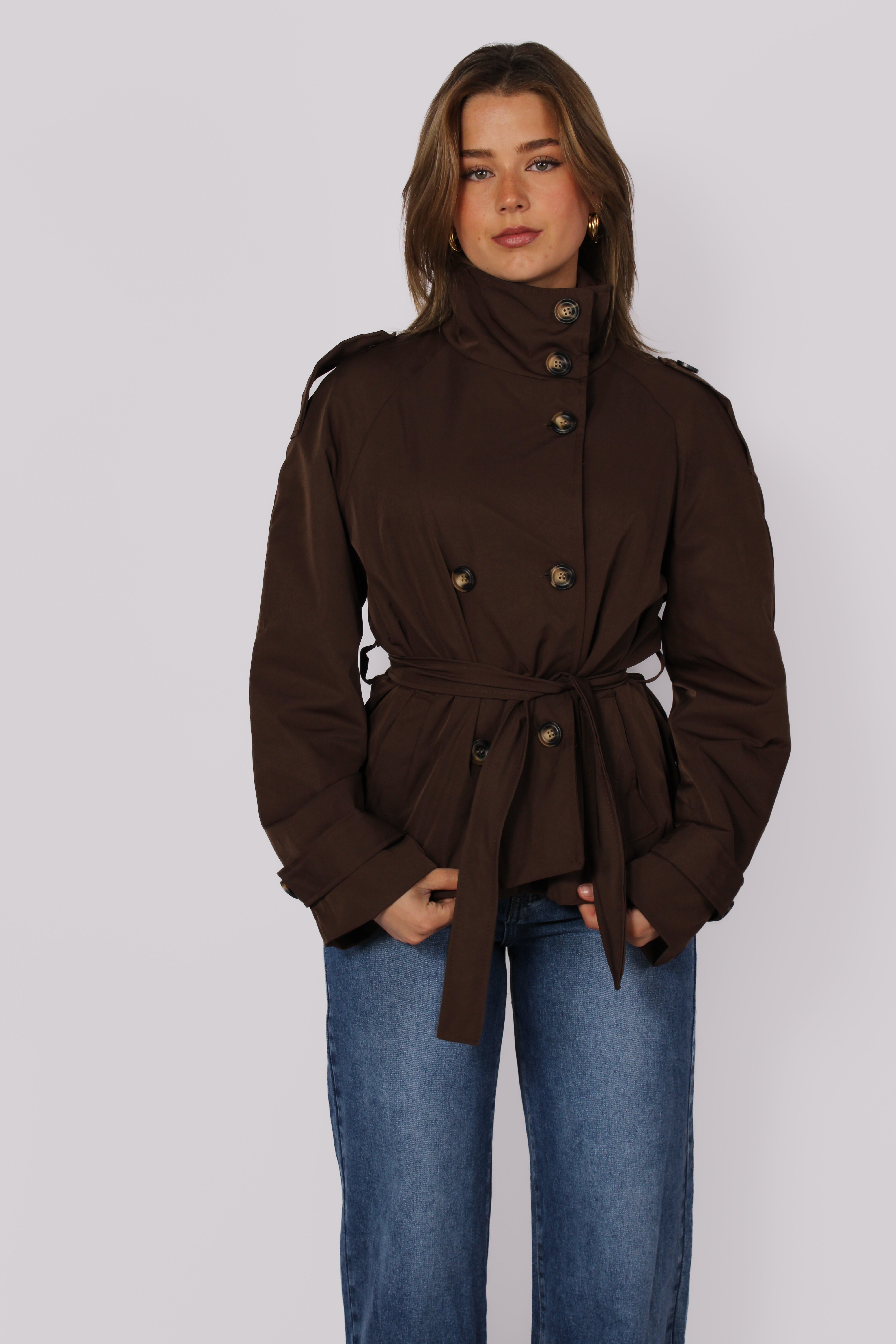 HIGH NECK TRENCHCOAT - DARK BROWN