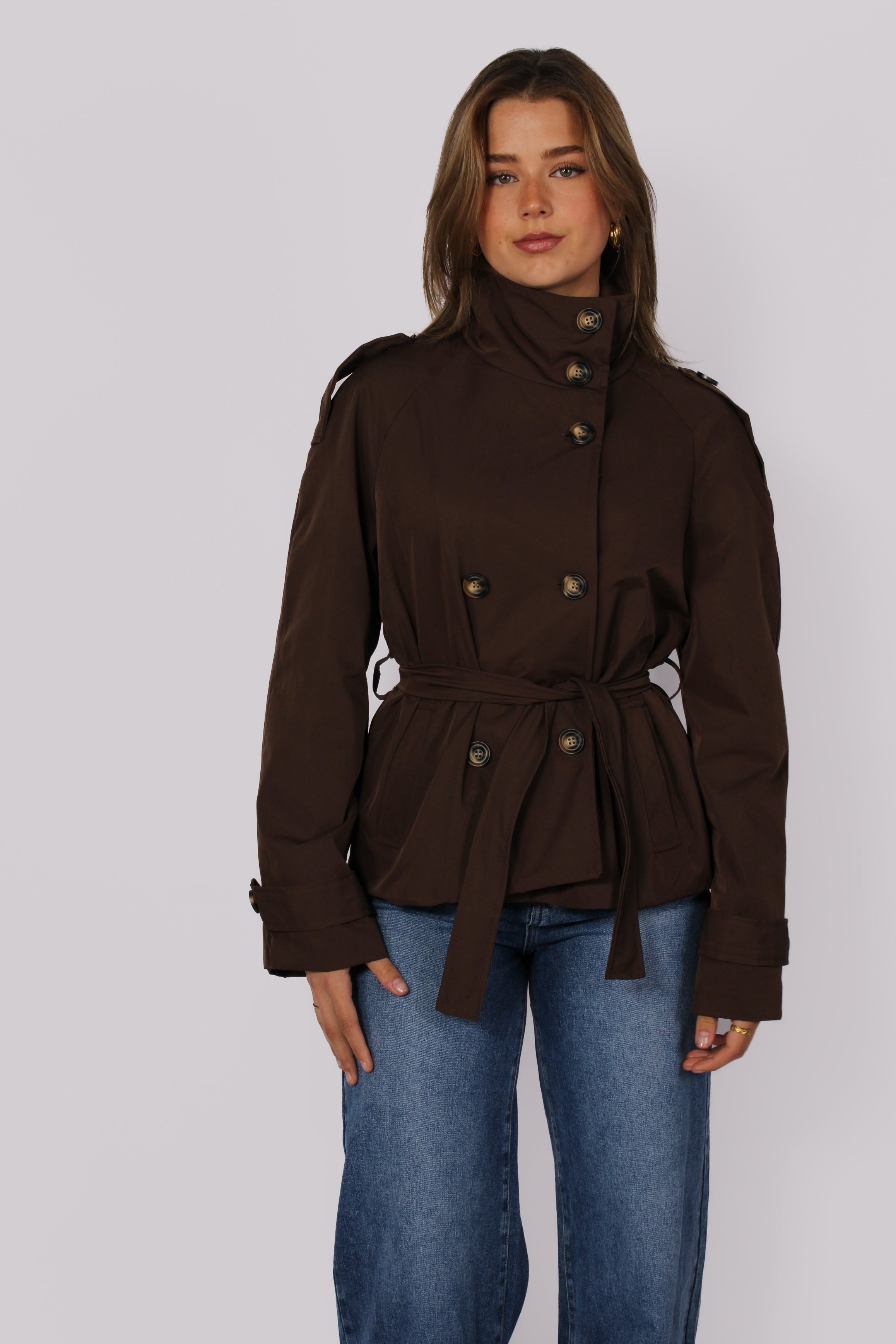 HIGH NECK TRENCHCOAT - DARK BROWN