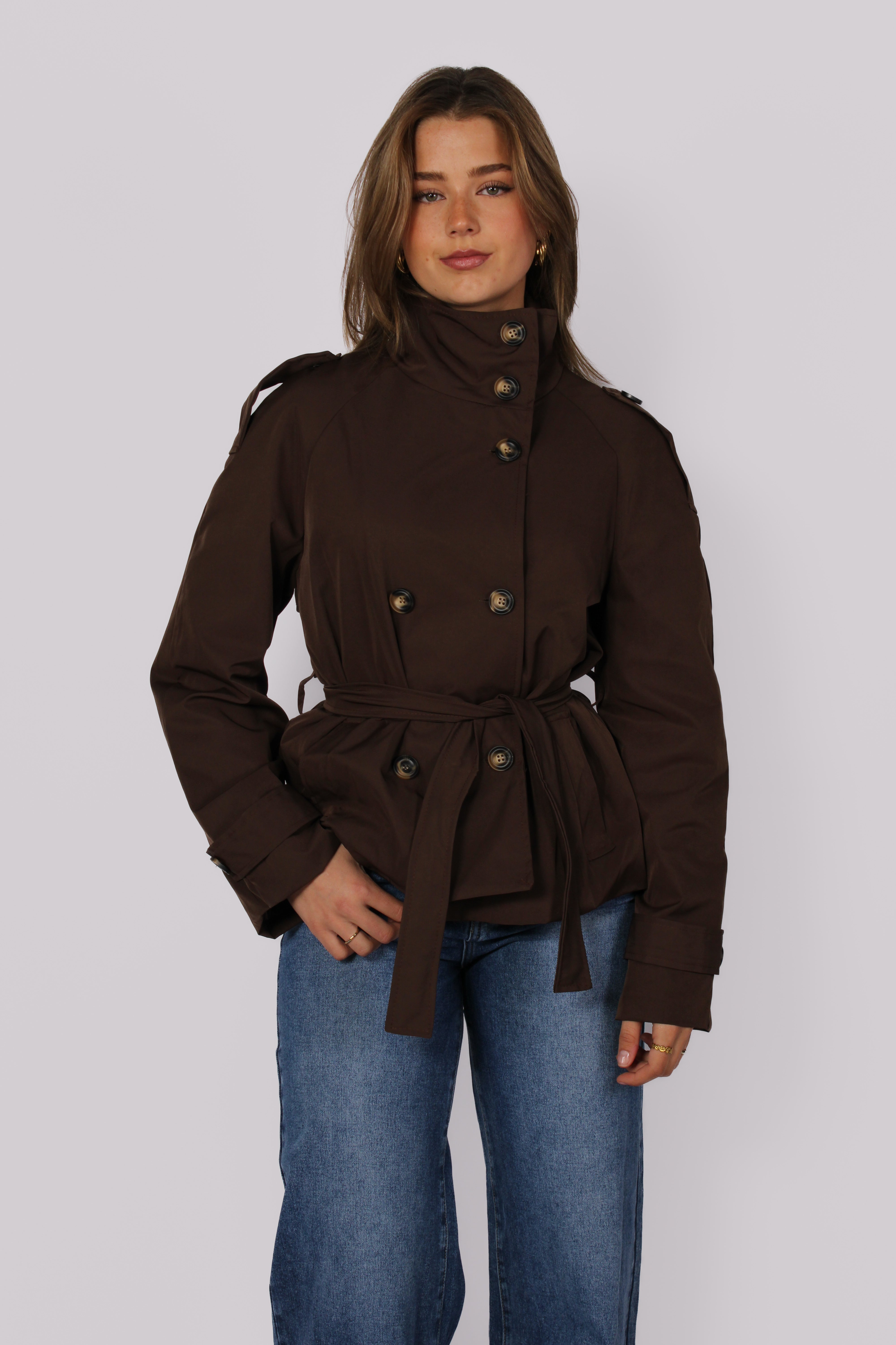 HIGH NECK TRENCHCOAT - DARK BROWN