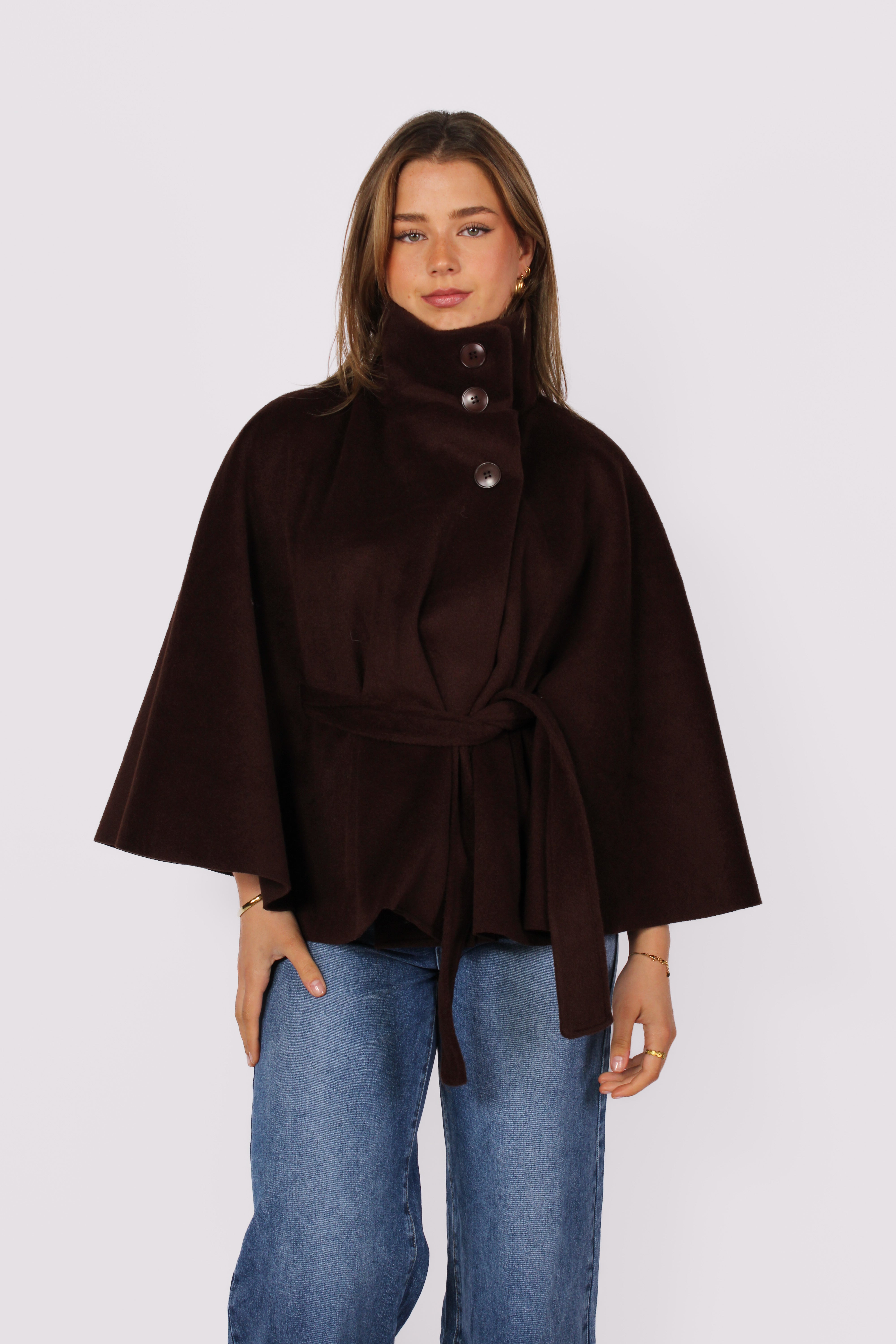 HIGH NECK PONCHO - DARKBROWN