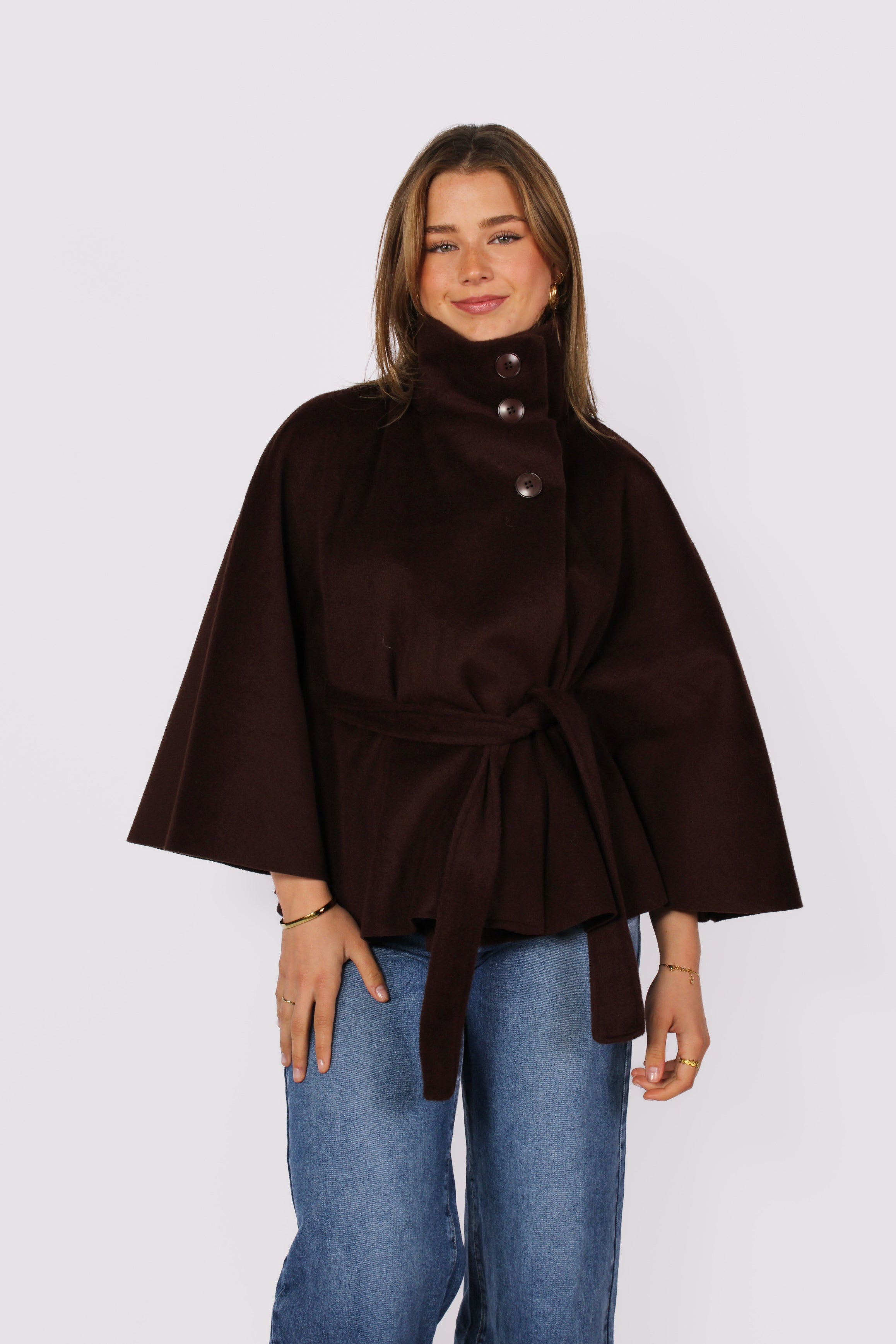 HIGH NECK PONCHO - DARKBROWN