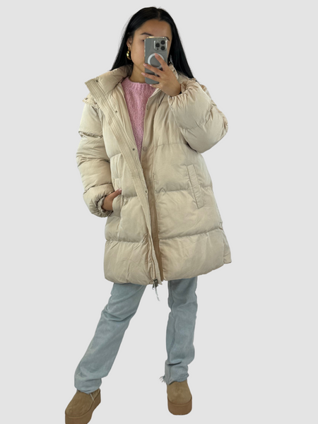 Beige puffer jacket long hotsell